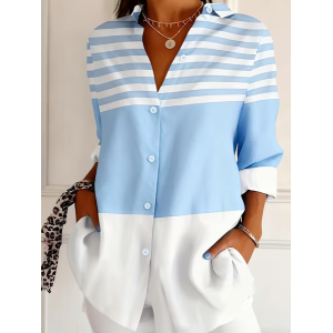 Women Striped Shirt Collar Long Sleeve Shirt Buckle Regular Sleeve Casual Daily Spring/Fall Top