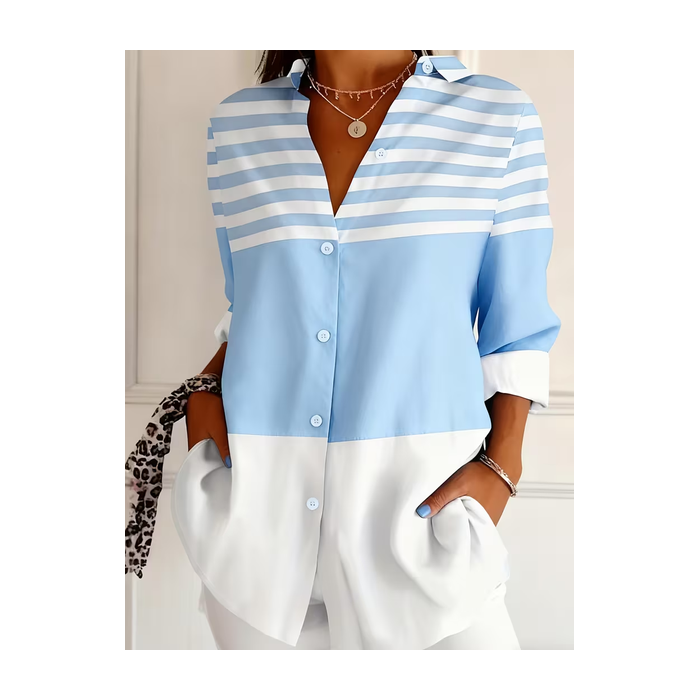 Women Striped Shirt Collar Long Sleeve Shirt Buckle Regular Sleeve Casual Daily Spring/Fall Top