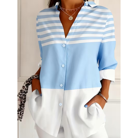 Women Striped Shirt Collar Long Sleeve Shirt Buckle Regular Sleeve Casual Daily Spring/Fall Top