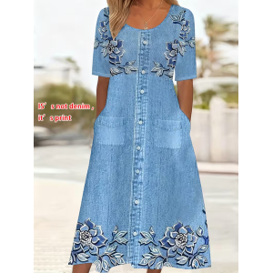 Women Floral Short Sleeve Crew Neck Printing Dress Daily Casual Maxi Shift Dress H-Line Summer Dress