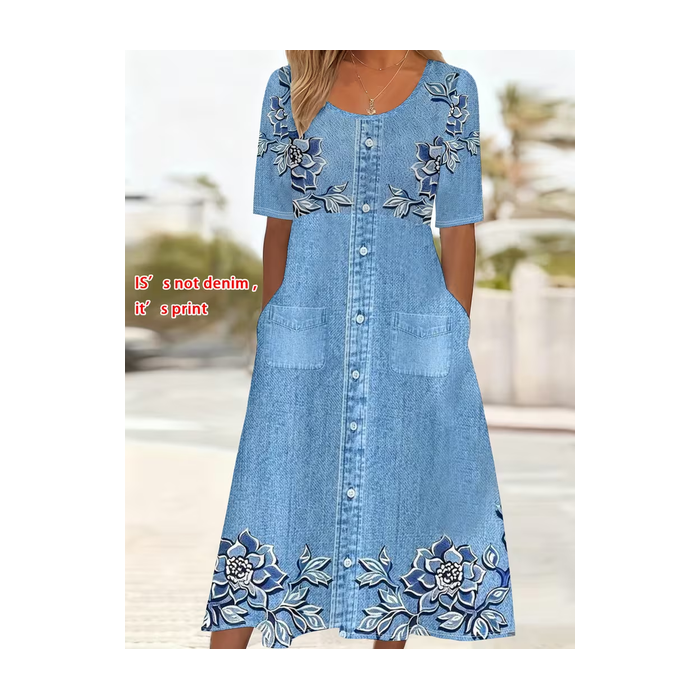Women Floral Short Sleeve Crew Neck Printing Dress Daily Casual Maxi Shift Dress H-Line Summer Dress