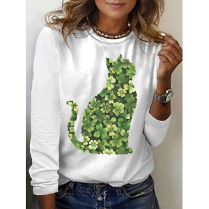 Women's Cat Shamrock Long Sleeve Tee T-shirt Crew Neck Printing Casual Spring/Fall Graphic Tee Top