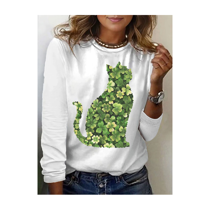 Women's Cat Shamrock Long Sleeve Tee T-shirt Crew Neck Printing Casual Spring/Fall Graphic Tee Top