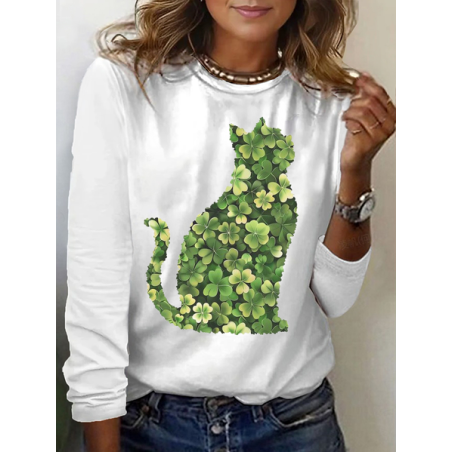 Women's Cat Shamrock Long Sleeve Tee T-shirt Crew Neck Printing Casual Spring/Fall Graphic Tee Top