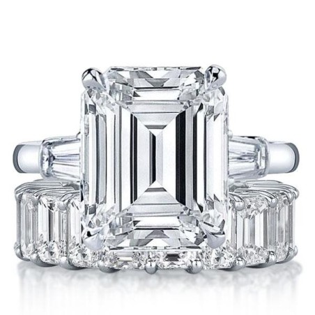 Italo Three Stone Emerald Cut Engagement Rings Sets