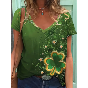 Women's Star Shamrock Short Sleeve Tee T-shirt V Neck Printing Casual Summer Graphic Tee Top