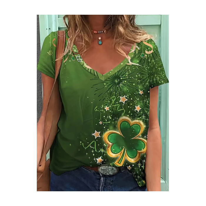 Women's Star Shamrock Short Sleeve Tee T-shirt V Neck Printing Casual Summer Graphic Tee Top