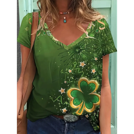 Women's Star Shamrock Short Sleeve Tee T-shirt V Neck Printing Casual Summer Graphic Tee Top