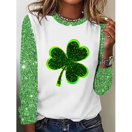 Women's Shamrock Long Sleeve Tee T-shirt St. Patrick's Day Floral Casual Spring/Fall Top