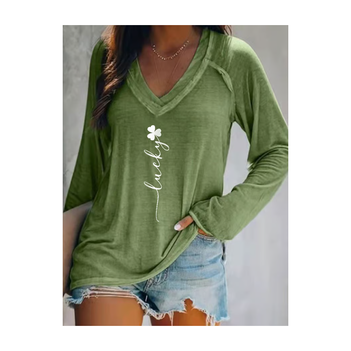 Women's Text Letters Long Sleeve Blouse_ Spring/Fall Printing V Neck Daily Casual Top