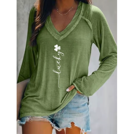 Women's Text Letters Long Sleeve Blouse_ Spring/Fall Printing V Neck Daily Casual Top