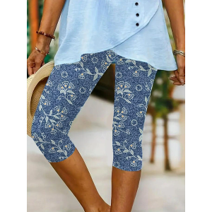 Women Floral Capris Elastic Waist Pants Casual Summer Trousers