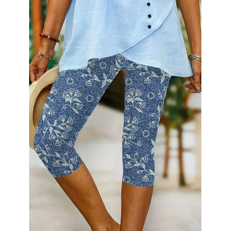 Women Floral Capris Elastic Waist Pants Casual Summer Trousers