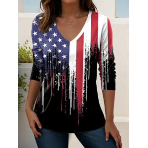 Women America Flag Long Sleeve Tee T-shirt V Neck Printing Casual Graphic Tee Spring/Fall Top