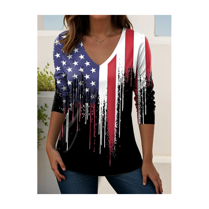 Women America Flag Long Sleeve Tee T-shirt V Neck Printing Casual Graphic Tee Spring/Fall Top