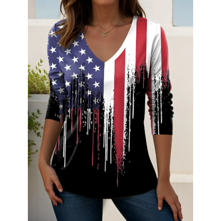 Women America Flag Long Sleeve Tee T-shirt V Neck Printing Casual Graphic Tee Spring/Fall Top
