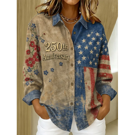 Women Floral Shirt Collar Long Sleeve Shirt Buckle Regular Sleeve Casual Daily Spring/Fall Top