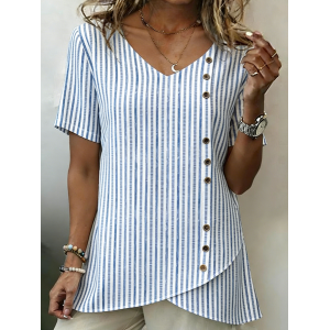 Women Striped V Neck Short Sleeve Shirt Vintage Daily Summer Top