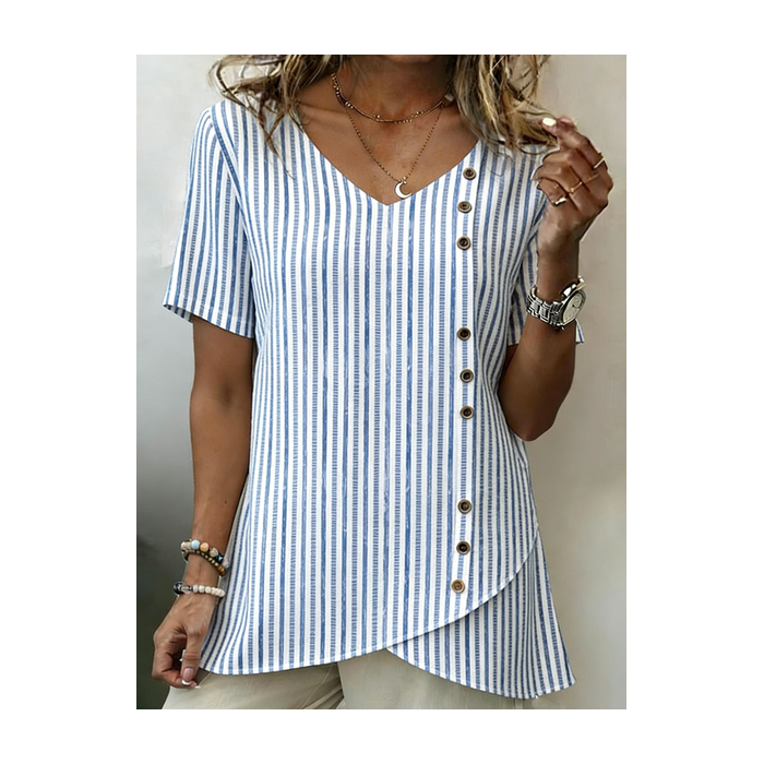 Women Striped V Neck Short Sleeve Shirt Vintage Daily Summer Top