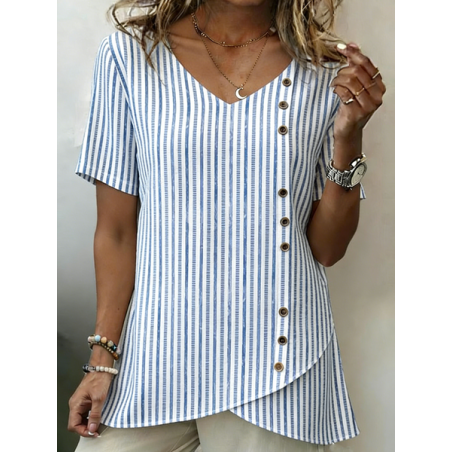 Women Striped V Neck Short Sleeve Shirt Vintage Daily Summer Top