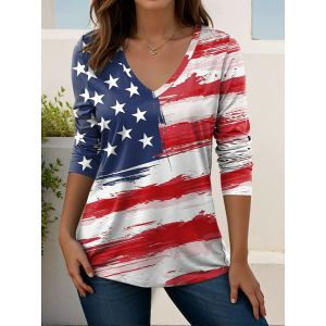 Women America Flag Long Sleeve Tee T-shirt V Neck Printing Casual Graphic Tee Spring/Fall Top