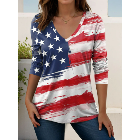 Women America Flag Long Sleeve Tee T-shirt V Neck Printing Casual Graphic Tee Spring/Fall Top