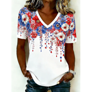 Women Floral Short Sleeve Tee T-shirt V Neck Printing Vintage Summer Top