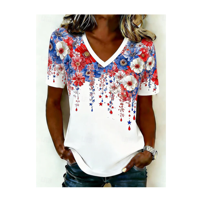 Women Floral Short Sleeve Tee T-shirt V Neck Printing Vintage Summer Top
