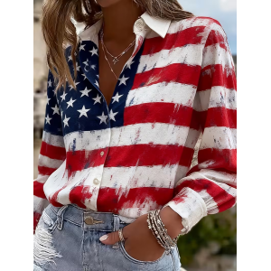 Women America Flag Shirt Collar Long Sleeve Shirt Buckle Regular Sleeve Casual Daily Spring/Fall Top