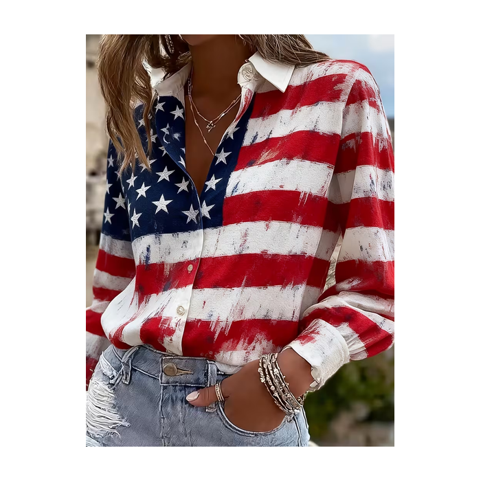 Women America Flag Shirt Collar Long Sleeve Shirt Buckle Regular Sleeve Casual Daily Spring/Fall Top