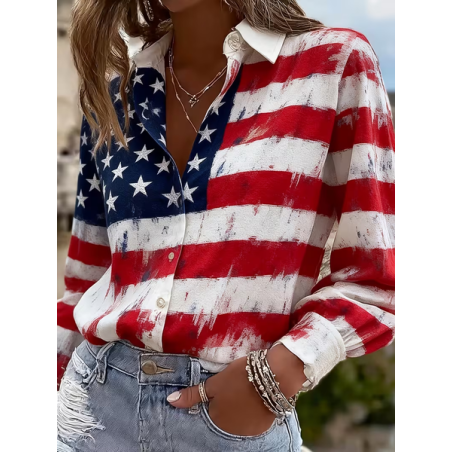 Women America Flag Shirt Collar Long Sleeve Shirt Buckle Regular Sleeve Casual Daily Spring/Fall Top