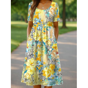 Women Floral Short Sleeve Crew Neck Printing Dress Daily Casual Maxi Shift Dress H-Line Summer Dress