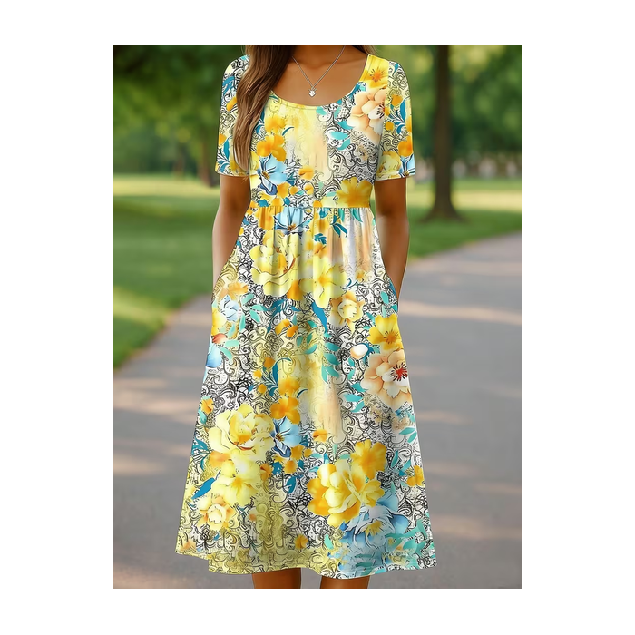 Women Floral Short Sleeve Crew Neck Printing Dress Daily Casual Maxi Shift Dress H-Line Summer Dress