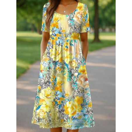 Women Floral Short Sleeve Crew Neck Printing Dress Daily Casual Maxi Shift Dress H-Line Summer Dress