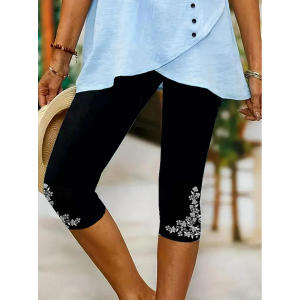 Women Floral Capris Elastic Waist Pants Casual Summer Trousers
