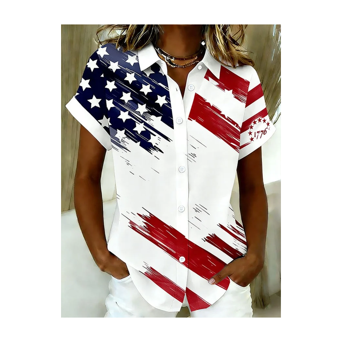 Women America Flag Shirt Collar Short Sleeve Shirt Printing Casual Daily Summer Top