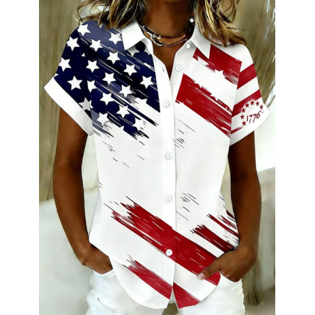 Women America Flag Shirt Collar Short Sleeve Shirt Printing Casual Daily Summer Top