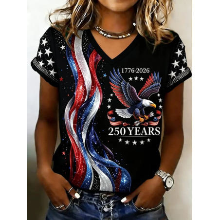 Women Text Letters Short Sleeve Tee T-shirt V Neck Printing Vintage Summer Top