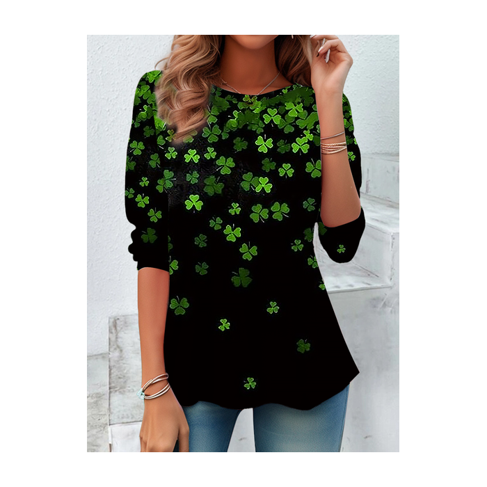 Women's Long Sleeve Tee T-shirt Spring/Fall Shamrock St Patrick's Day Floral Casual Graphic Tee Top