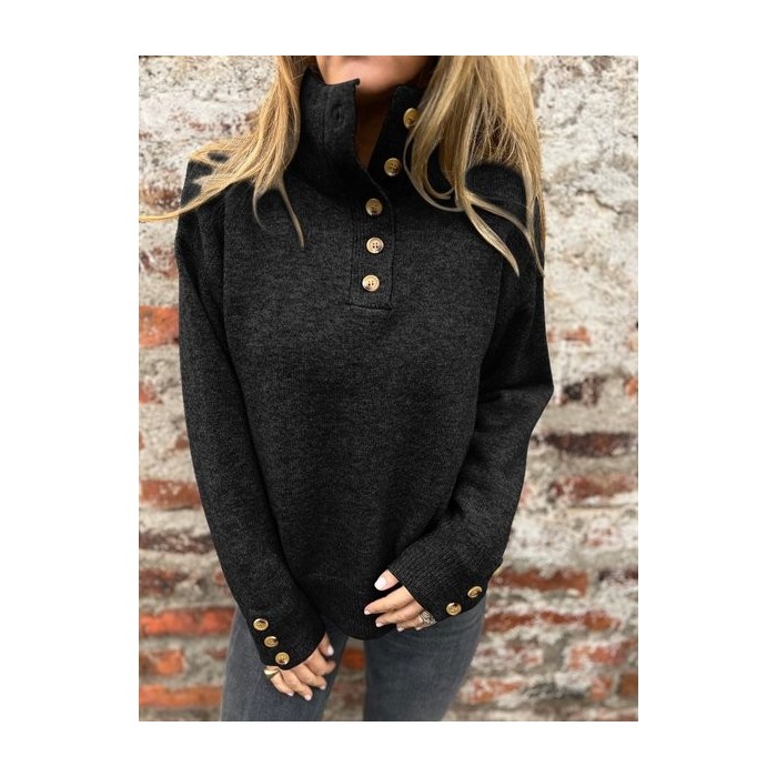Women Plain Split Joint Winter Street Long Sleeve Stand Collar Cotton Sweater