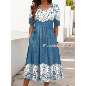 Women Floral Short Sleeve Crew Neck Printing Dress Daily Casual Maxi Shift Dress H-Line Summer Dress