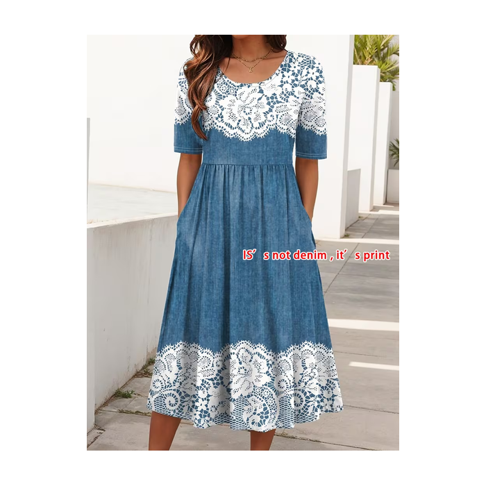 Women Floral Short Sleeve Crew Neck Printing Dress Daily Casual Maxi Shift Dress H-Line Summer Dress