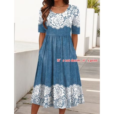 Women Floral Short Sleeve Crew Neck Printing Dress Daily Casual Maxi Shift Dress H-Line Summer Dress