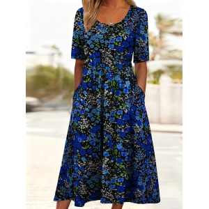 Women Floral Short Sleeve Crew Neck Printing Dress Daily Casual Maxi Shift Dress H-Line Summer Dress