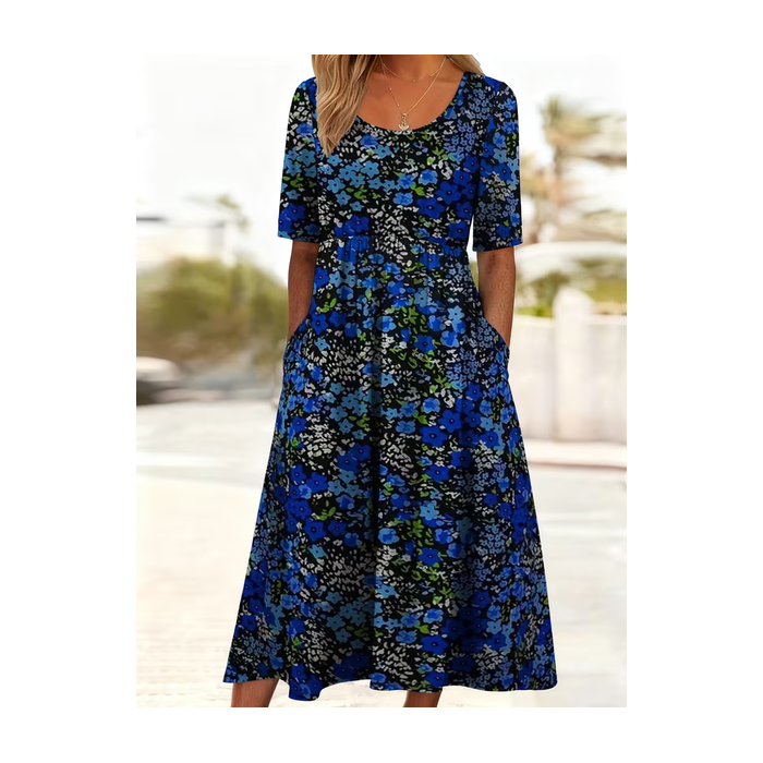 Women Floral Short Sleeve Crew Neck Printing Dress Daily Casual Maxi Shift Dress H-Line Summer Dress