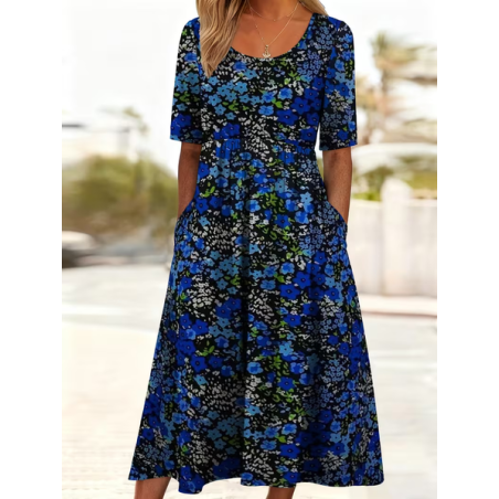 Women Floral Short Sleeve Crew Neck Printing Dress Daily Casual Maxi Shift Dress H-Line Summer Dress