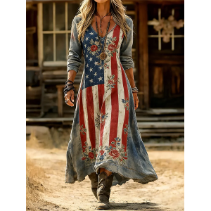 Women Floral Long Sleeve V Neck Printing Dress Daily Vintage Maxi H-Line Spring/Fall Dress