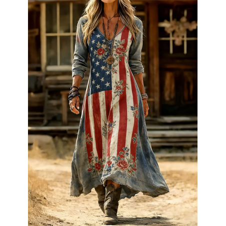 Women Floral Long Sleeve V Neck Printing Dress Daily Vintage Maxi H-Line Spring/Fall Dress