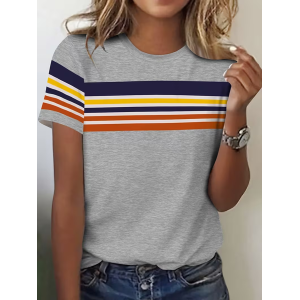 Women Striped Short Sleeve Tee T-shirt Crew Neck Printing Casual Graphic Tee Summer Top