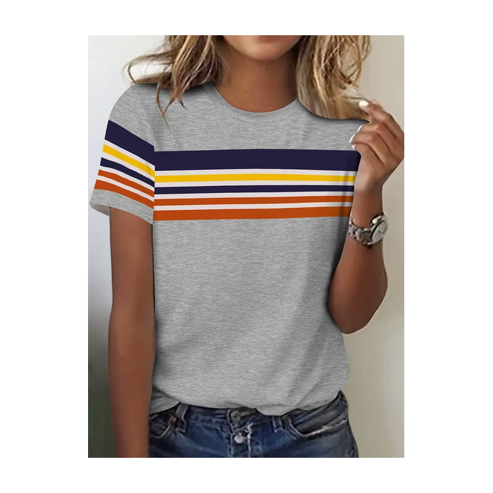 Women Striped Short Sleeve Tee T-shirt Crew Neck Printing Casual Graphic Tee Summer Top